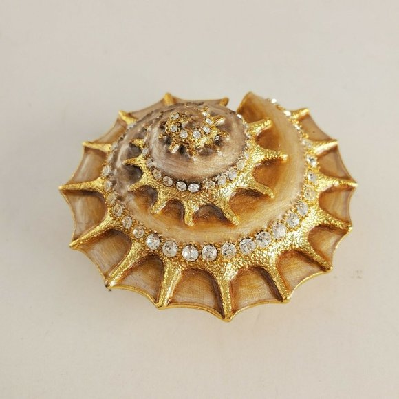 Bejeweled Enamel Inlay Sea Shell Hinged Trinket Box Rhinestones Gold - Picture 5 of 10